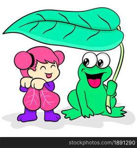 frogs and fairies taking shelter with a leaf. cartoon illustration cute sticker