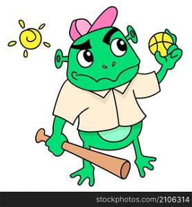frogs carry balls and sticks to play baseball