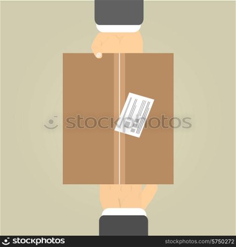 From hands to hands. Close-up of hands holding cardboard box. Hands to receive a parcel