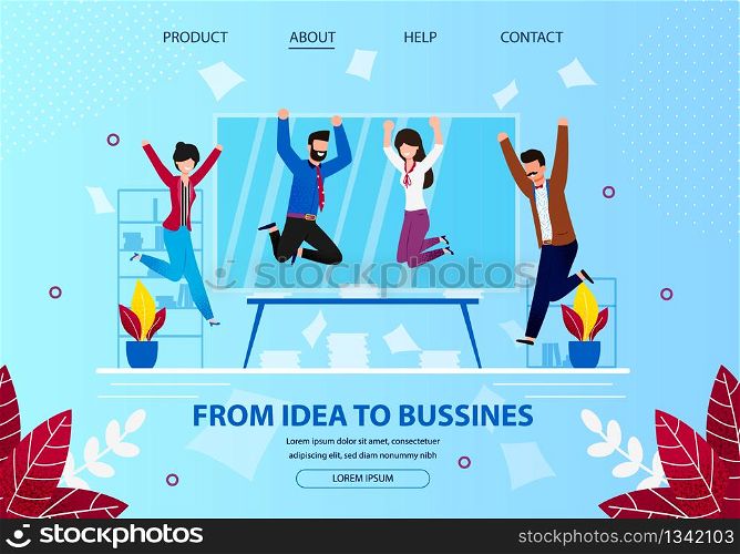 From Idea to Business. Cheerful Business People Laughing and Jumping with Hands Up at Office Workplace. Employee Characters Rejoice for New Project. Cartoon Flat Vector Illustration. Horizontal Banner.. From Idea to Business. Cheerful Businesspeople.