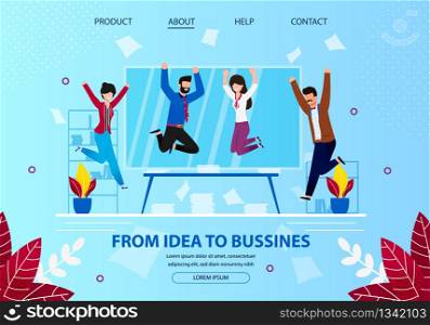 From Idea to Business. Cheerful Business People Laughing and Jumping with Hands Up at Office Workplace. Employee Characters Rejoice for New Project. Cartoon Flat Vector Illustration. Horizontal Banner.. From Idea to Business. Cheerful Businesspeople.