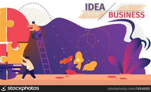 From Idea to Business Horizontal Banner. Business People Teamwork. Office People Work Together Set Up Huge Light Bulb Separated on Puzzle Pieces Standing on Ladders. Cartoon Flat Vector Illustration.. Businesspeople Teamwork Process Set Up Lightbulb