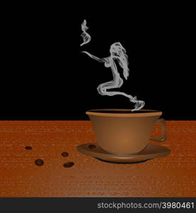 From the cup of hot coffee comes steam in the form of a girl. On the wooden table is a clay mug with hot coffee from the quartet it leaves steam in the form of a girl.