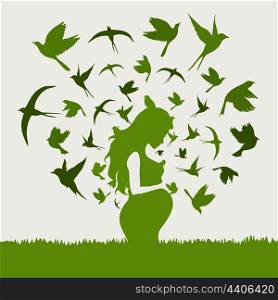 From the pregnant woman birds take off. A vector illustration