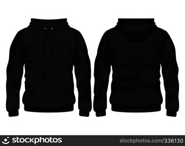 Front and back black hoodie vector template. Sweatshirt fashion with hoodie for sport and urban style illustration. Front and back black hoodie vector template