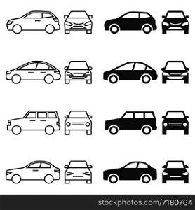 Front and side view car icons - line and silhouette cars isolated on white background. Vector illustration. Front and side car - line and silhouette cars isolated on white background