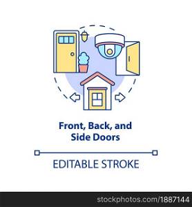 Front, back and side doors concept icon. Home security system abstract idea thin line illustration. Exterior camera for burglary prevention. Vector isolated outline color drawing. Editable stroke. Front, back and side doors concept icon