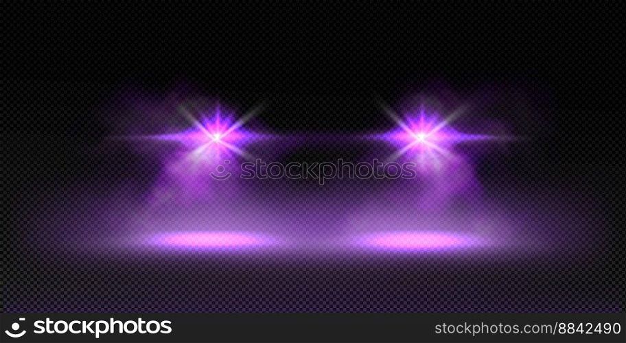 Front car lights in fog at night. Automobile led headlights effect with purple flare, rays, glow and mist isolated on transparent background, vector realistic illustration. Front car lights in fog at night