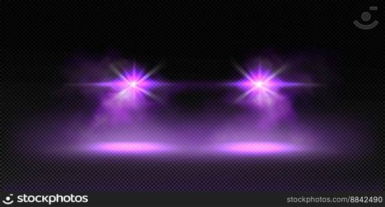 Front car lights in fog at night. Automobile led headlights effect with purple flare, rays, glow and mist isolated on transparent background, vector realistic illustration. Front car lights in fog at night