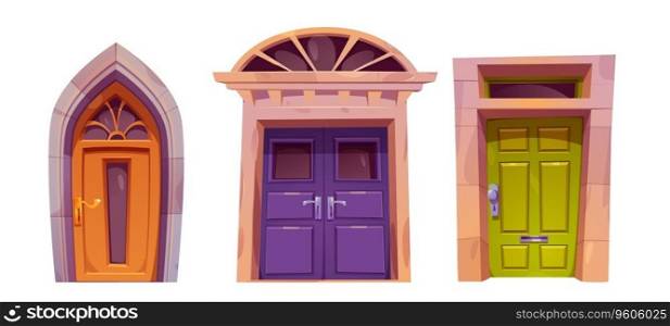 Front door - cartoon house entrance with brick jambs and window. Vector illustration set of closed wooden colorful doorway with handle, mailbox and decorative glass frame. Home exterior element.. Front door cartoon house entrance with brick jambs