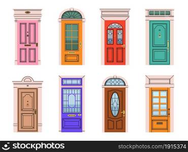 Front doors. Various entrance gates, architectural modern and classic exterior elements, house facade vintage objects, home old wooden exit doors bright colors, vector cartoon flat style isolated set. Front doors. Various entrance gates, architectural classic exterior elements, house facade vintage objects, home old wooden exit doors bright colors, vector cartoon flat isolated set