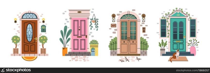 Front doors with exterior elements. House facade vintage gates, outdoor objects plants with cat, city birds and architectural parts, home exits bright colors, vector cartoon flat style isolated set. Front doors with exterior elements. House facade vintage gates, outdoor objects plants with cat, city birds and architectural parts, home exits vector cartoon flat isolated set