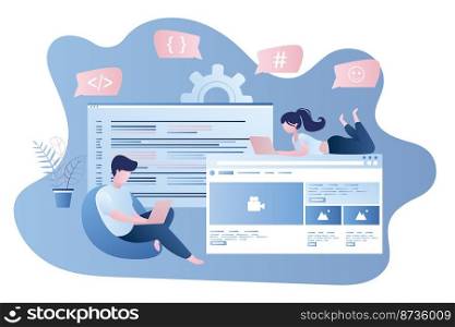 Front-end and back-end development,coder and programmer with laptops at work,speech bubbles with signs,web design studio,trendy style vector illustration