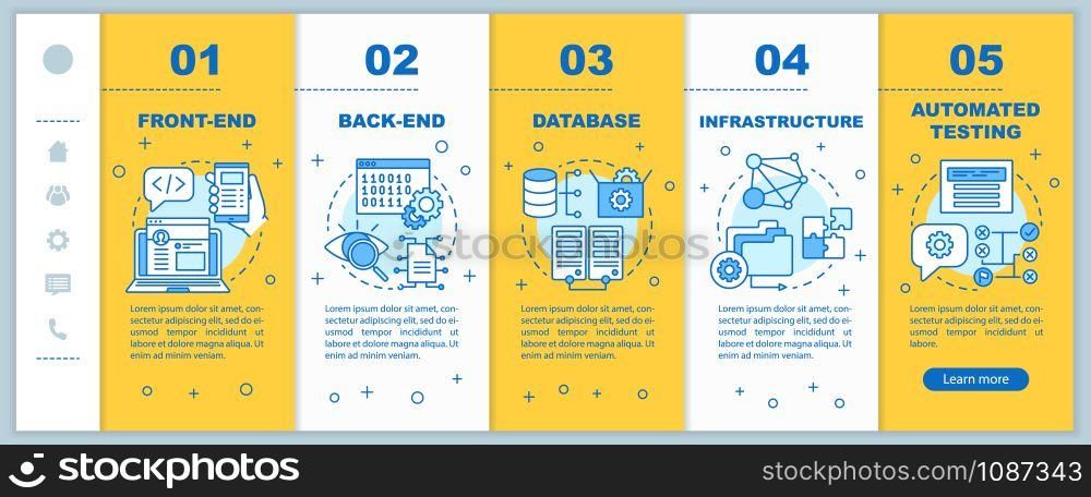 Front-end, back-end development onboarding mobile web pages vector template. Responsive smartphone website interface idea with linear illustrations. Webpage walkthrough step screens. Color concept