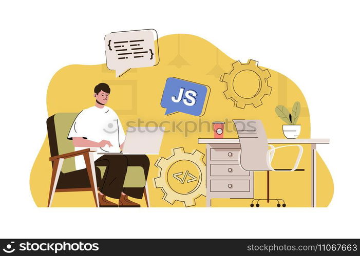 Front-end developer concept. Man creates web page, JavaScript programming situation. Development user interface people scene. Vector illustration with flat character design for website and mobile site