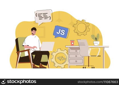Front-end developer concept. Man creates web page, JavaScript programming situation. Development user interface people scene. Vector illustration with flat character design for website and mobile site