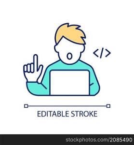 Front end developer RGB color icon. Software programmer. Professional coder working at computer. Isolated vector illustration. Simple filled line drawing. Editable stroke. Arial font used. Front end developer RGB color icon
