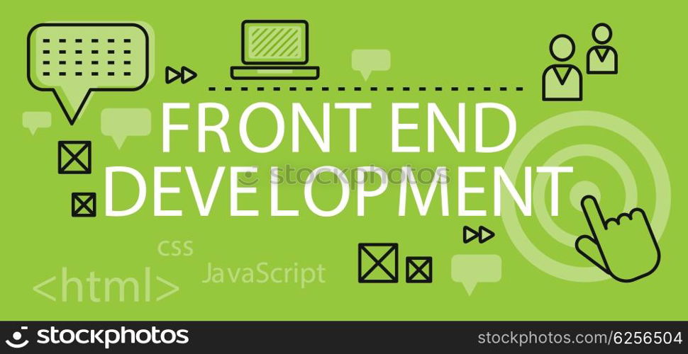 Front end Development Banner Concept. Front end development banner concept. Background or backdrop with elements icon on digital programming and development. Create proscale write scripts in java language design flat. Vector illustration