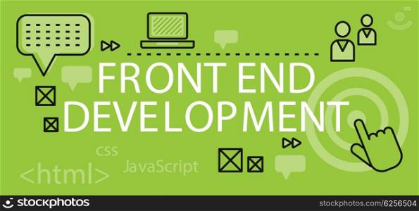 Front end Development Banner Concept. Front end development banner concept. Background or backdrop with elements icon on digital programming and development. Create proscale write scripts in java language design flat. Vector illustration