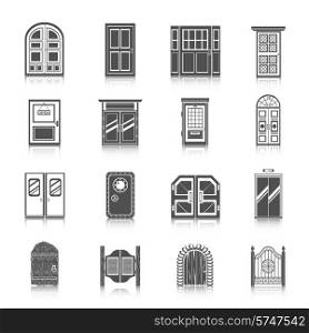 Front entrance door modern house room entrance and safe icons black set isolated vector illustration
