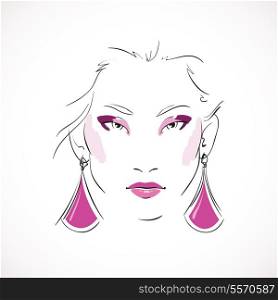 Front expressive look of fashion woman with earrings isolated vector illustration
