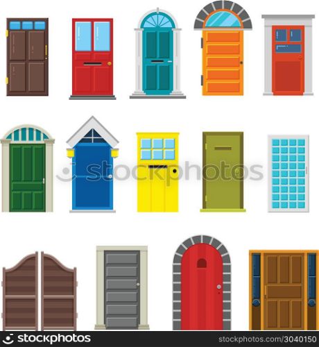 Front house doors flat vector set. Front house doors flat vector set. Enter doorway to home illustration