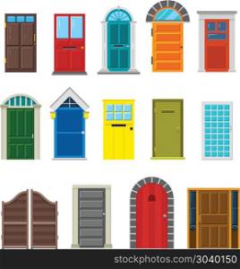 Front house doors flat vector set. Front house doors flat vector set. Enter doorway to home illustration