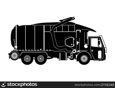 Front loader garbage truck silhouette. Side view of modern trash truck. Flat vector.