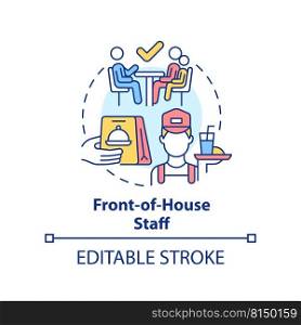 Front-of-house staff concept icon. Key position in restaurant abstract idea thin line illustration. Delivering food orders. Isolated outline drawing. Editable stroke. Arial, Myriad Pro-Bold fonts used. Front-of-house staff concept icon