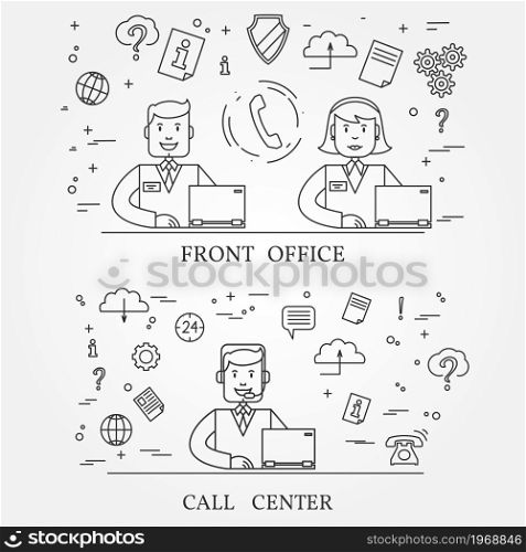 Front office and call center concept icon thin line for web and mobile, modern minimalistic flat design. Vector dark grey icon on light grey background.