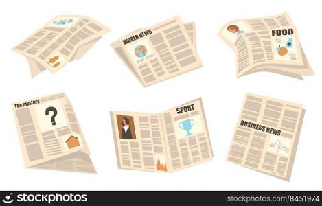 Front pages set. Newspapers with headlines, articles and pictures, sport, business, world news. Vector illustrations for press, publication, tabloid concept