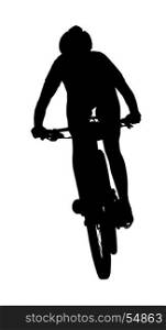 Front profile silhouette of female mountain bike racer on bicycle
