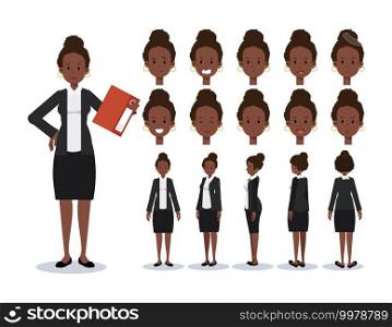 Front, side, back view animated character. African American Businesswoman Flat Vector Character creation set with various views, Cartoon style, flat vector illustration. Emotion.