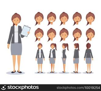 Front, side, back view animated character. Business woman Flat Vector Character creation set with various views, Cartoon style, flat vector illustration. Emotion.