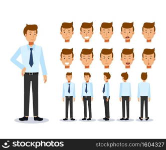 Front, side, back view animated character. Businessman Flat Vector Character creation set with various views, Cartoon style, flat vector illustration. Emotion.