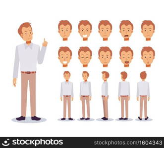 Front, side, back view animated character. Flat Vector Character creation set with various views, Cartoon style, flat vector illustration. Emotion. Casual man