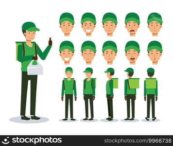 Front, side, back view animated character. Food delivery service man Flat Vector Character creation set with various views, Cartoon style, flat vector illustration. Emotion.