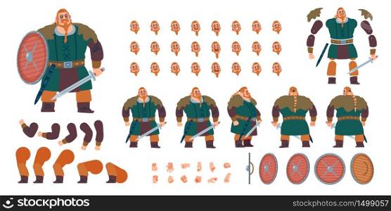 Front, side, back view animated character.Warrior Viking, barbarian character creation set with various views, face emotions, poses and gestures. Cartoon style, flat vector illustration.