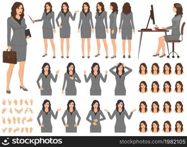 Front, side, back view animated characters. Business woman creation set with various views, face emotions, poses and gestures. Cartoon style, flat vector illustration.