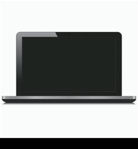 Front view of a black and silver laptop computer with empty screen for your website image and web design copy. Vector EPS 10 illustration isolated on white background.