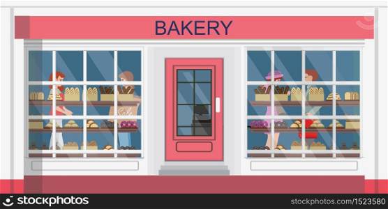 Front view of bakehouse building or bakery shop and people shopping in the bakery, Bakery facade vector illustration.