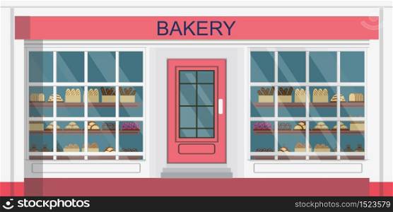 Front view of bakehouse building or bakery shop, Bakery facade vector illustration.