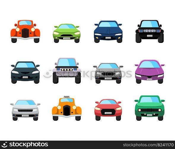 Front view of different kinds of cars vector illustrations set. Collection of cars  taxi, police, vintage, modern isolated on white background. Transport, transportation, traveling concept