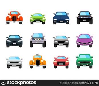 Front view of different kinds of cars vector illustrations set. Collection of cars  taxi, police, vintage, modern isolated on white background. Transport, transportation, traveling concept
