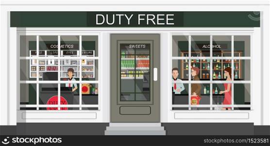 Front view of duty free store and people buying cheap cosmetics, alcohol and food. Tax free. flat Vector illustration.