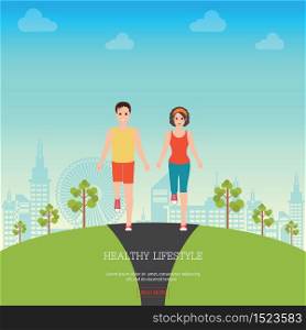 Front view of Man and Woman Jogging Together on city view background, Running Man and Woman Outdoor, Jogging Couple , healthy lifestyle conceptual vector illustration.