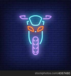 Front view of motorbike on brick background. Neon style vector illustration. Bikers club, garage, motorcycle shop. Biker banner. For hobby, biker culture, transport concept