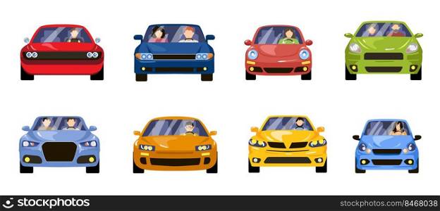 Front view of people driving cars cartoon vector illustration set. Collection of female and male drivers alone and with passengers in cars of different colors. Travel, delivery, traffic concept