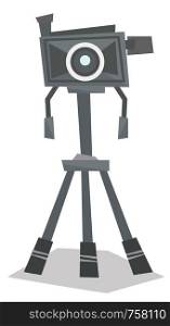 Front view of photo camera on tripod vector flat design illustration isolated on white background.. Photo camera on tripod vector illustration.