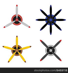 Front view of plane propellers vector illustrations set. Different airplane or aircraft blade propellers, vintage rotor blades isolated on white background. Aeronautics, aviation industry concept